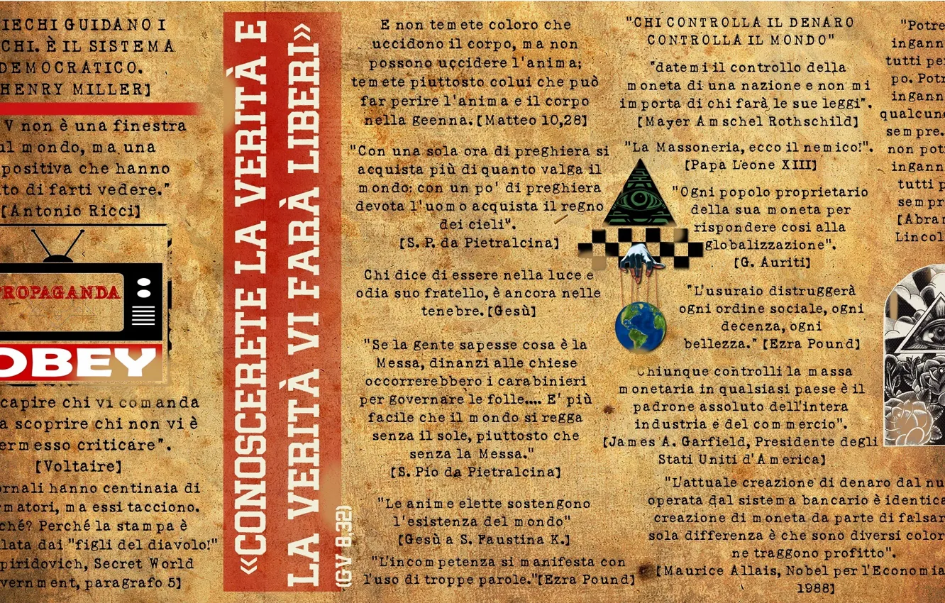 Фото обои eyes, phrases, pyramid, illuminati, italian, old paper, propaganda, tv