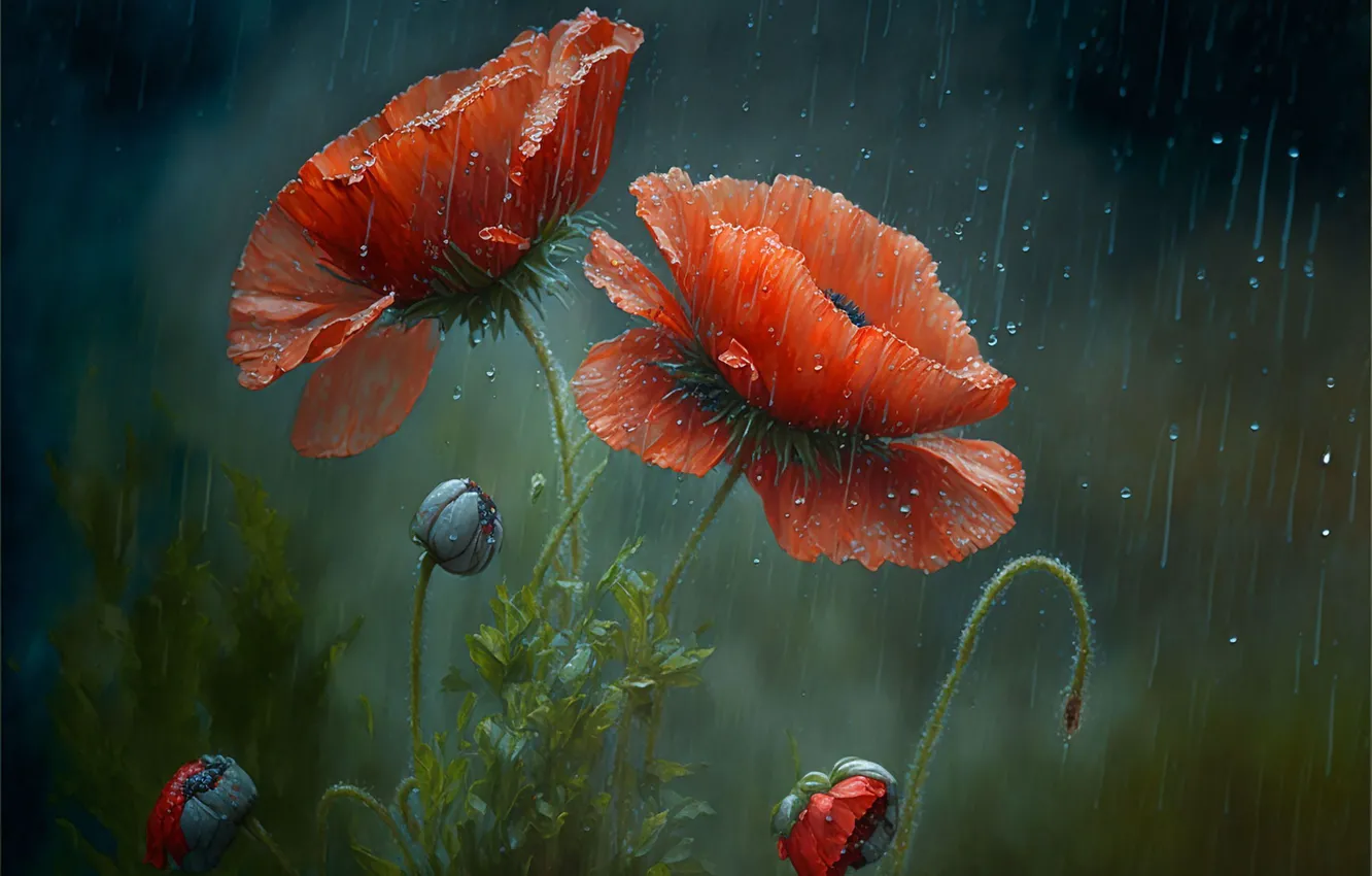 Фото обои капли, дождь, маки, красные, бутоны