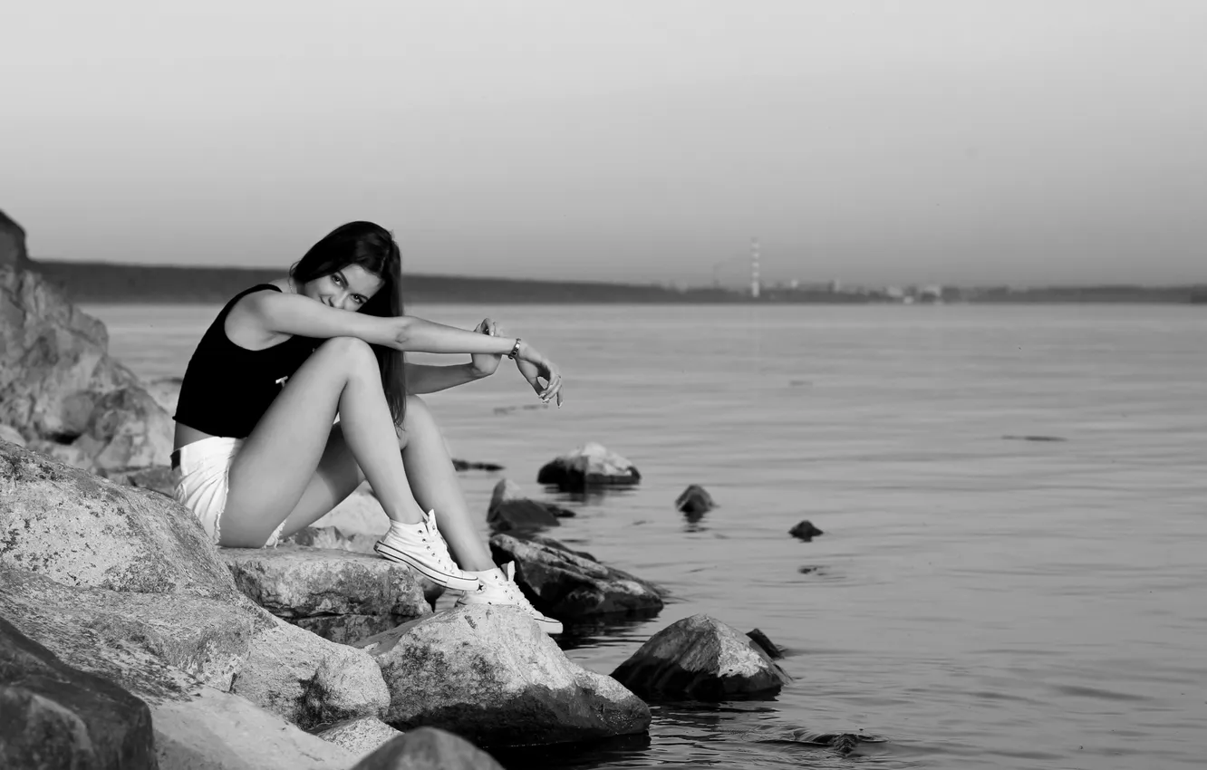 Фото обои девушка, beach, sky, trees, nature, monochrome, model, women