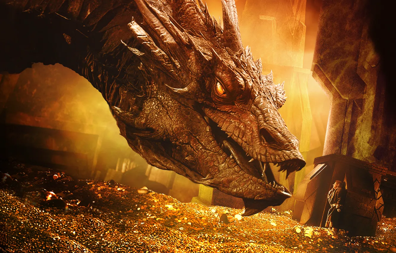 Фото обои золото, дракон, Smaug, Хоббит: Пустошь Смауга, The Hobbit: The Desolation of Smaug