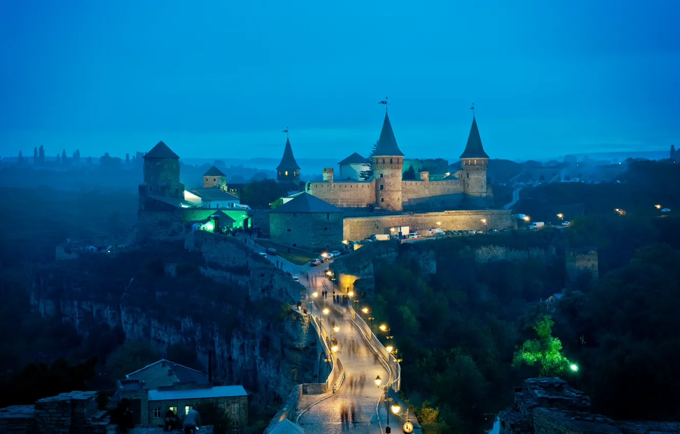Фото обои мост, замок, вечер, фонари, башни, Украина, Каменец-Подольский