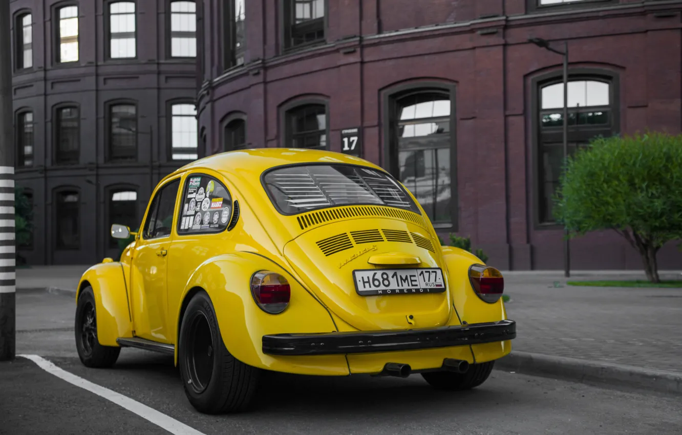 Фото обои жёлтый, тюнинг, жук, volkswagen, yellow, фольксваген, beetle, vag
