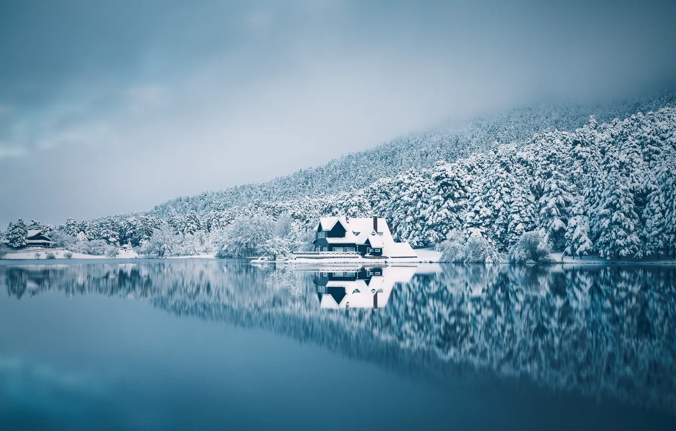 Фото обои зима, лес, небо, снег, озеро, дом, отражение
