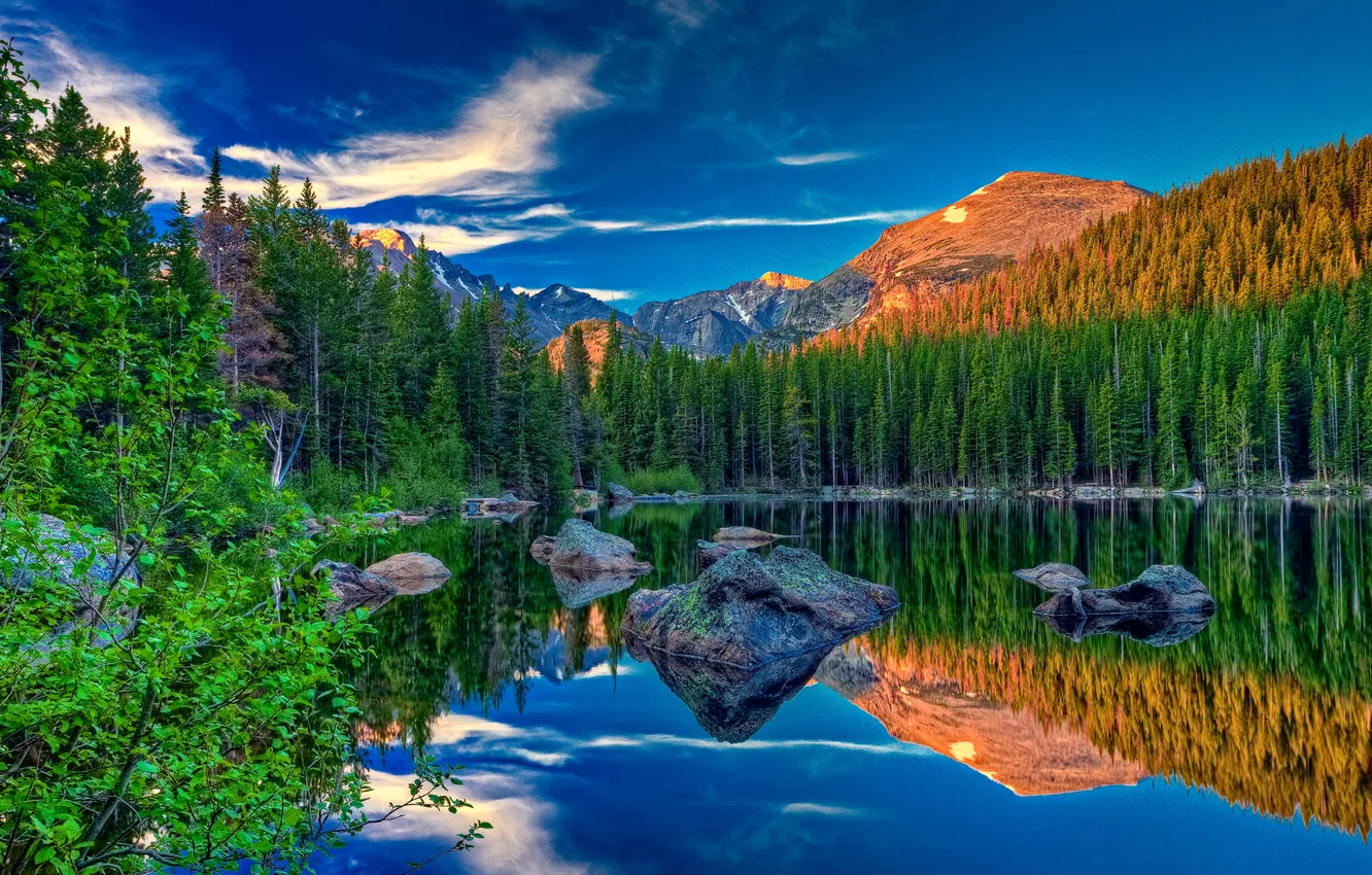 Фото обои лес, небо, горы, озеро