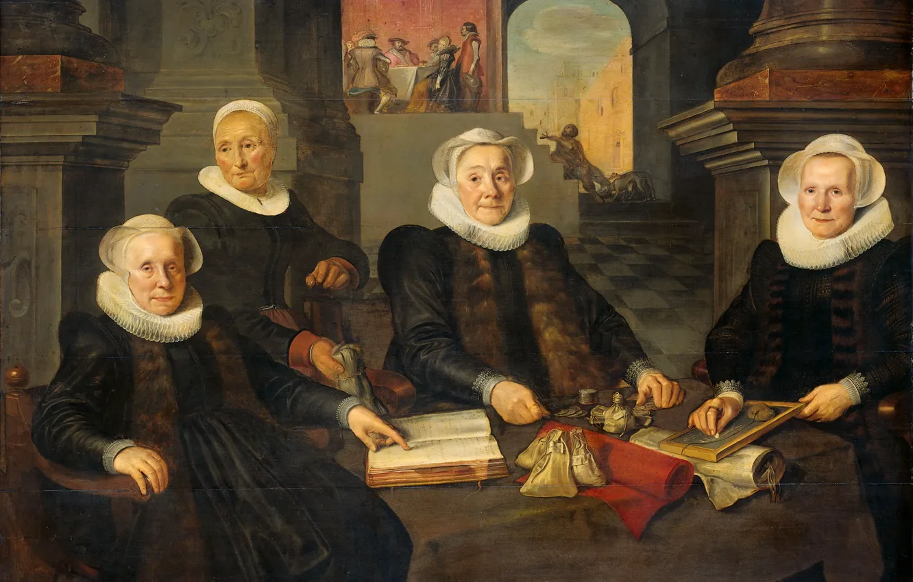 Фото обои масло, портрет, картина, 1624, Werner van den Valckert, Вернер ван ден Валькерт, Три регентши и …