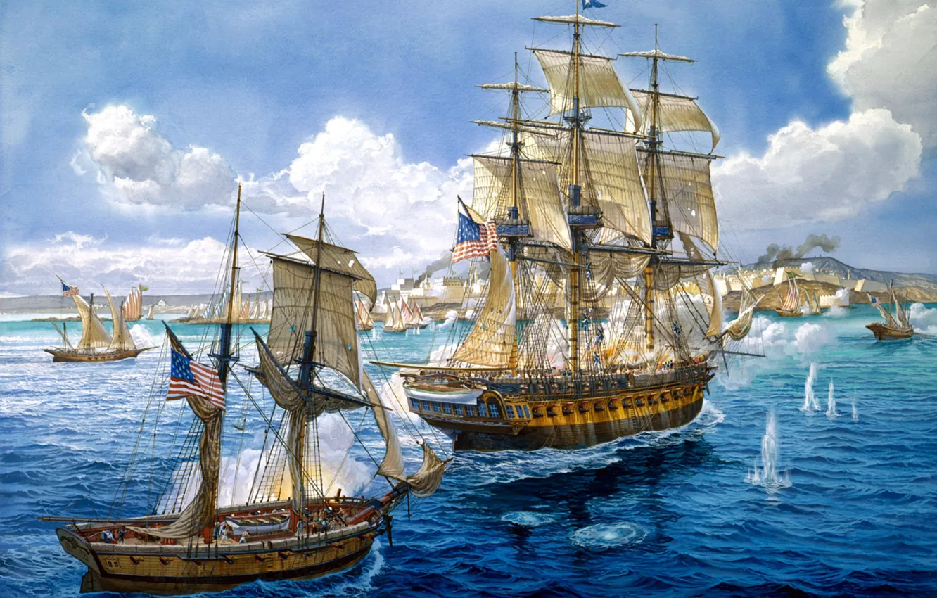 Фото обои корабли, бой, арт, художник, флот, морской, painting, залпы