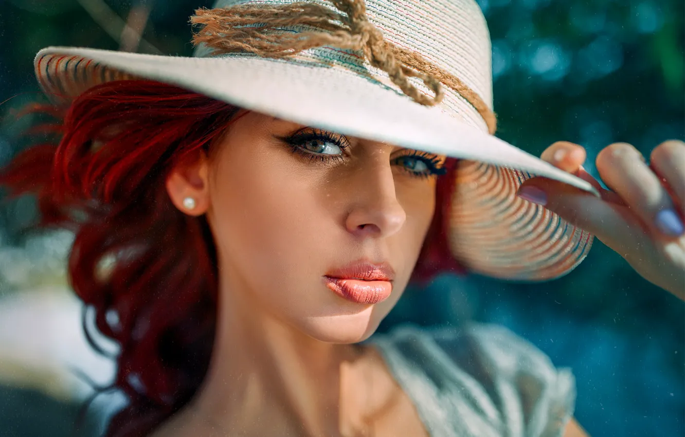 Фото обои взгляд, девушка, портрет, шляпа, макияж, рыжая, Деян Романов