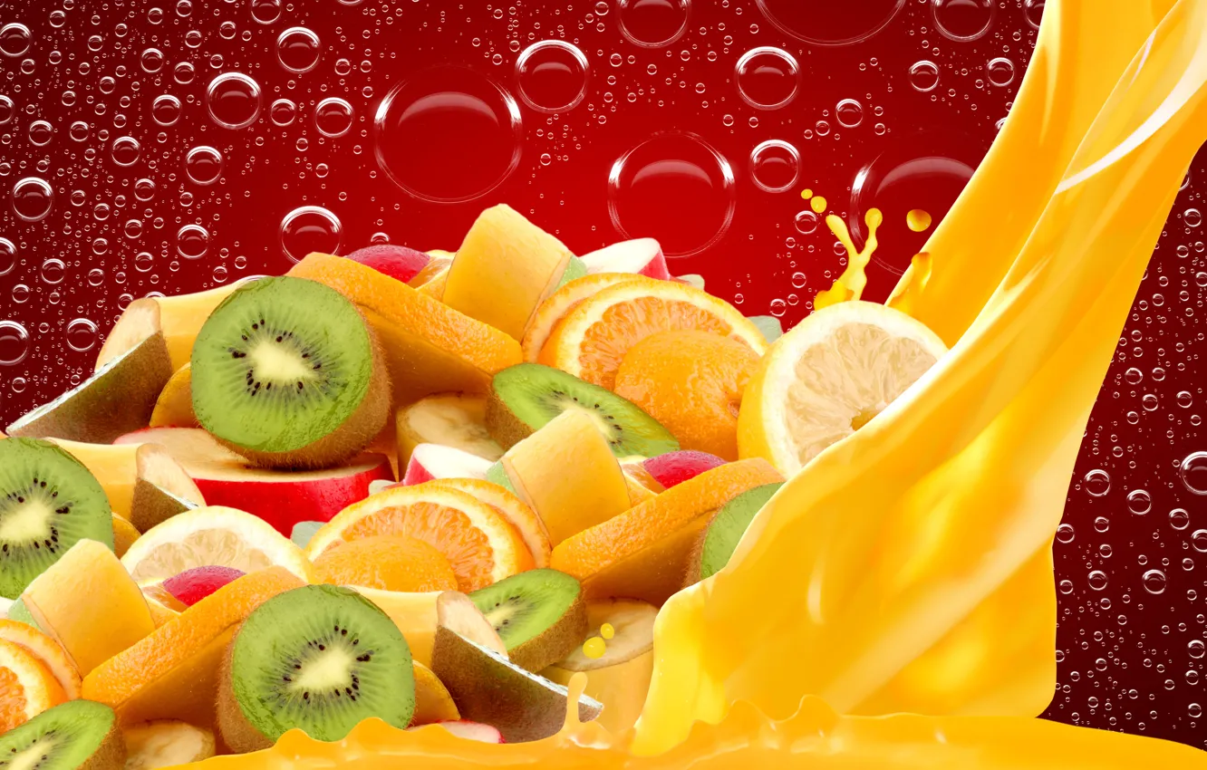 Фото обои пузыри, сок, фрукты, дольки