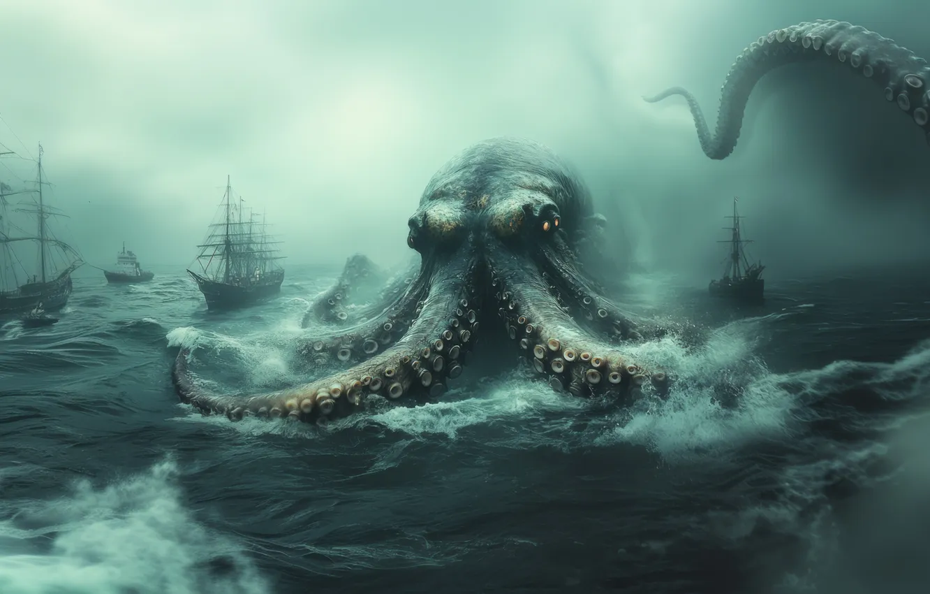 Фото обои Море, Парусники, Корабли, Цифровое искусство, Морское чудовище, ИИ-арт, Искусство искусственного интеллекта, Нейросеть