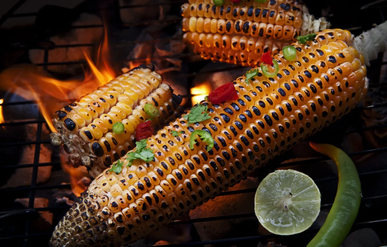 Фото обои кукуруза, лайм, перец, гриль