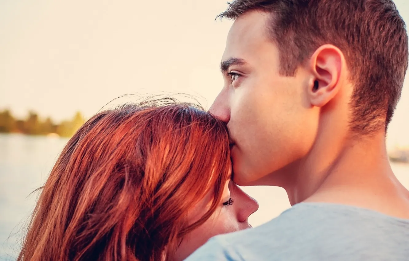 Фото обои love, woman, man, kiss, redhead