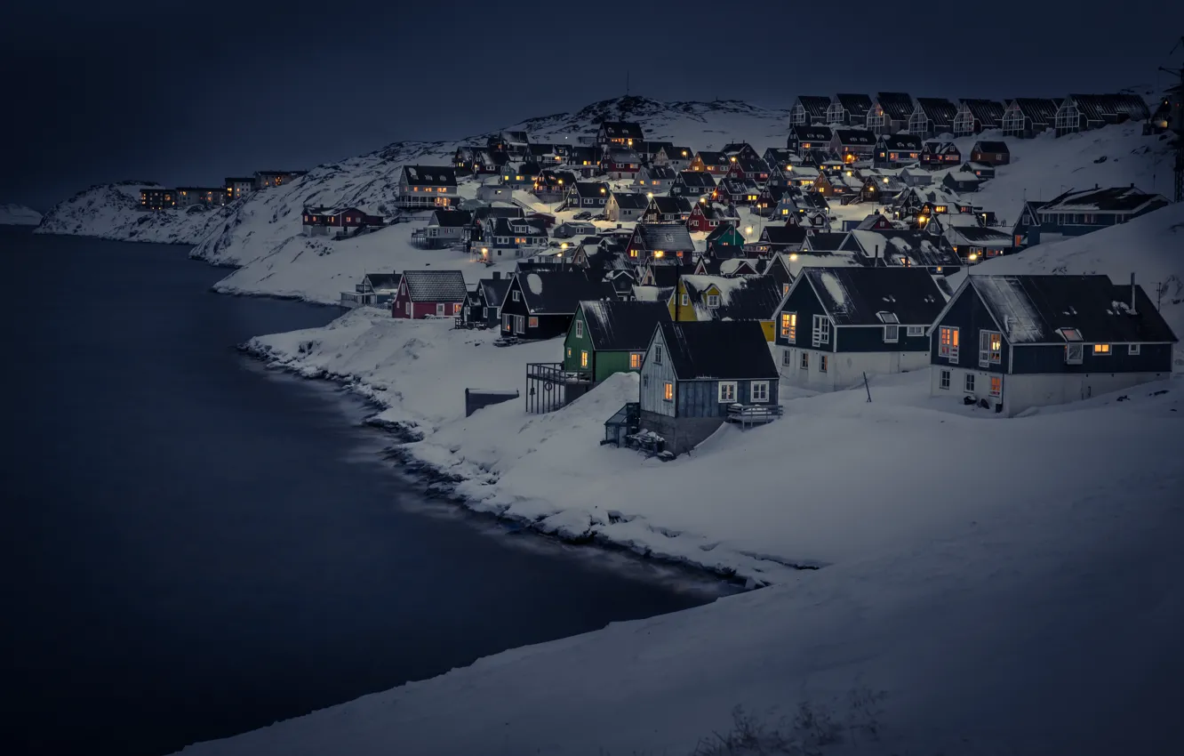 Фото обои dark, landscape, night, winter, snow, houses, cold, cityscape