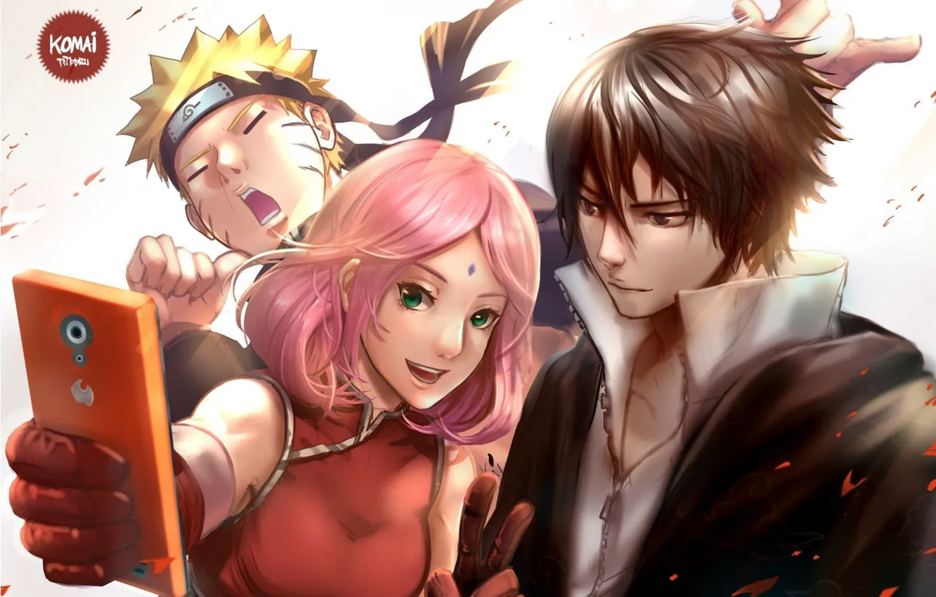 Фото обои Наруто, Naruto, селфи, Узумаки, Саске Учиха, Сакура Харуно