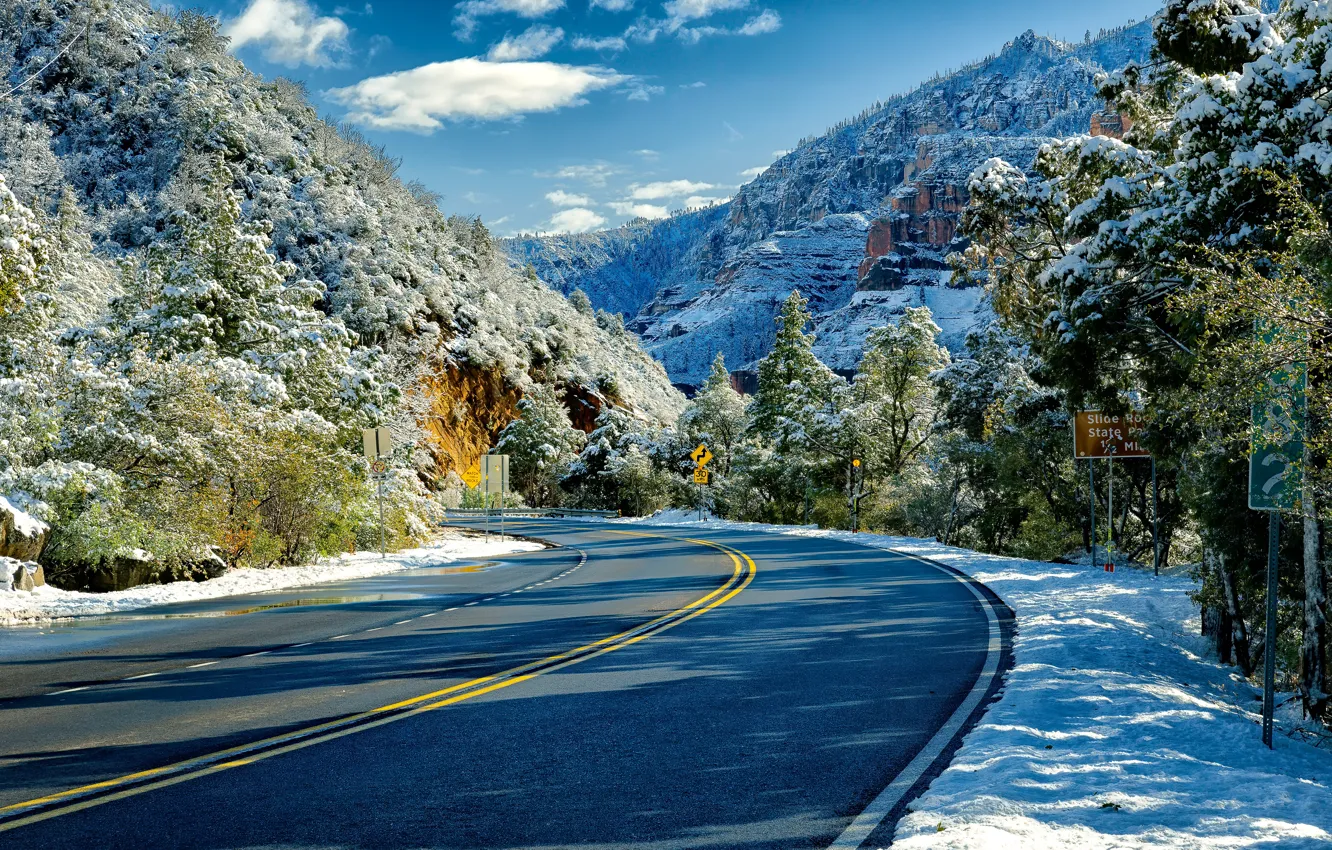 Фото обои дорога, снег, деревья, скалы, Аризона, Arizona, Sedona, Седона