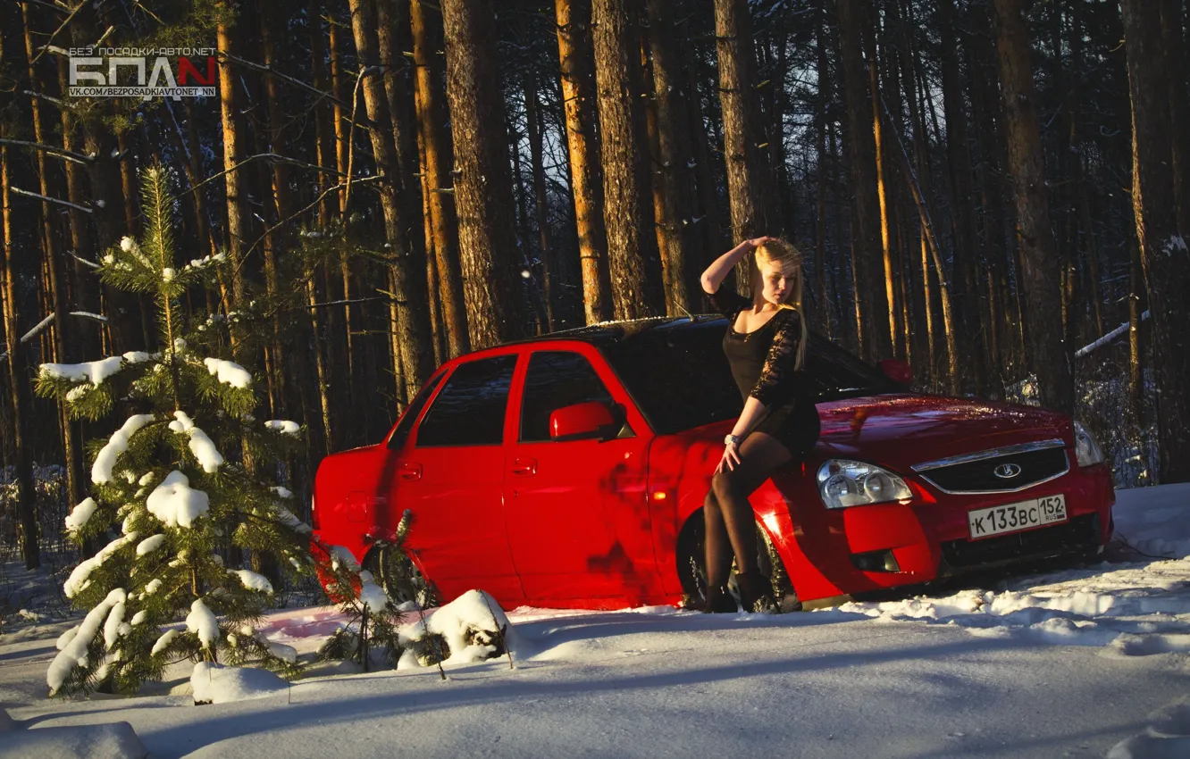 Фото обои зима, машина, авто, девушка, снег, красная, auto, LADA