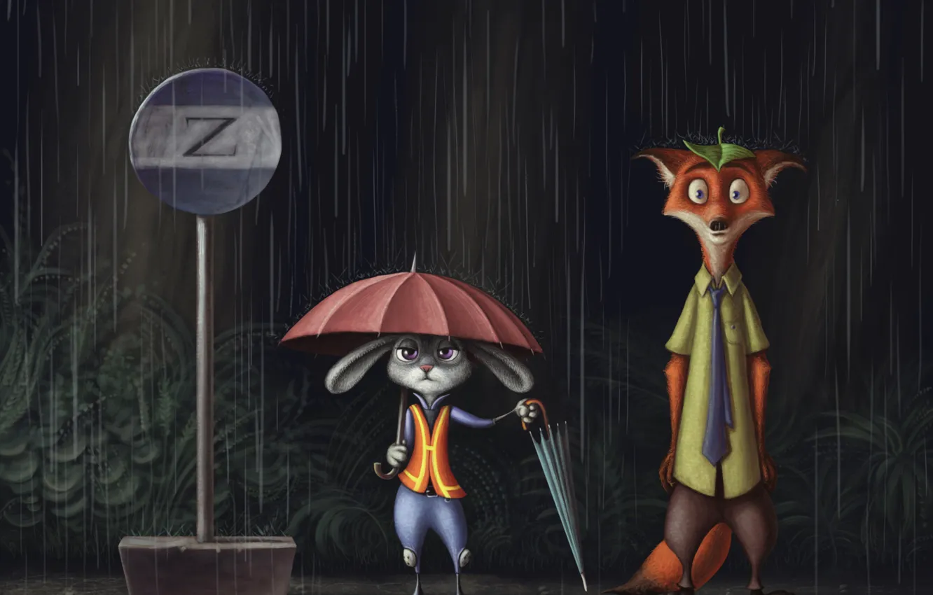 Фото обои дождь, знак, зонт, остановка, Nick Wilde, zootopia, Judy Hopps