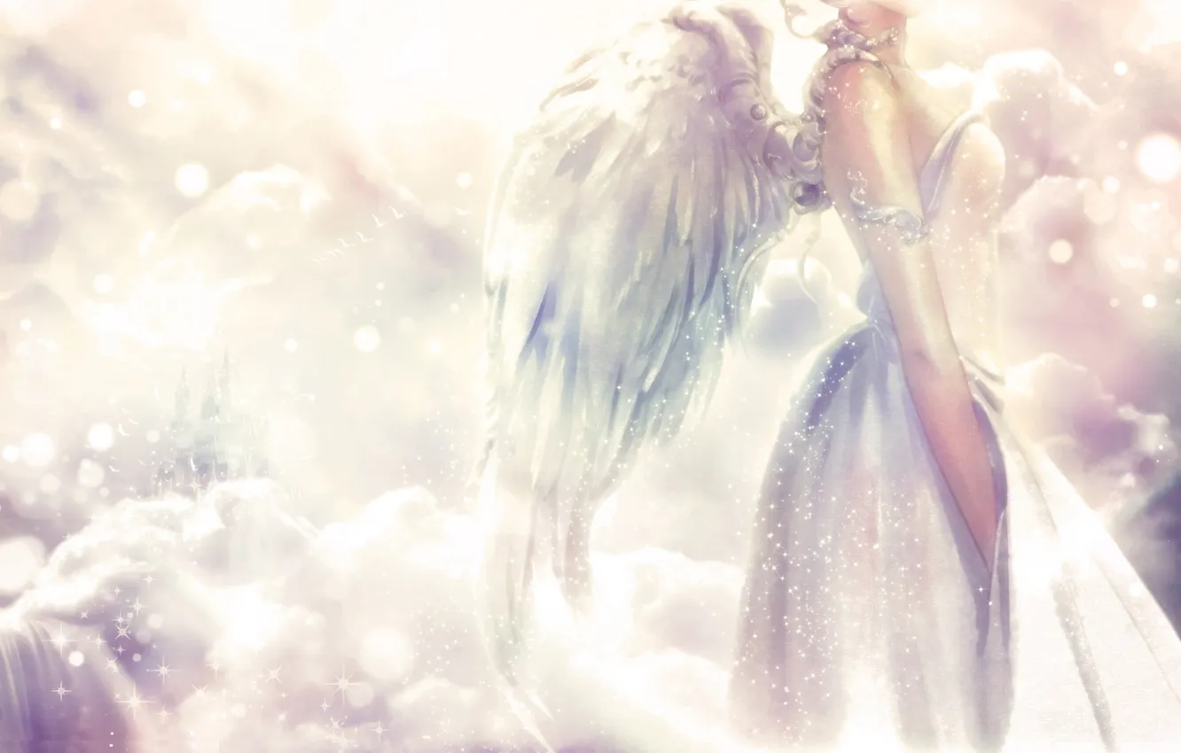 Фото обои девушка, облака, птицы, замок, крылья, ангел, аниме, платье