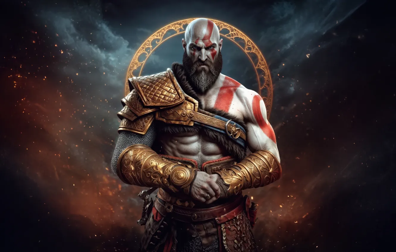 Фото обои sky, god of war, weapon, kratos, sony, snow, blow, man