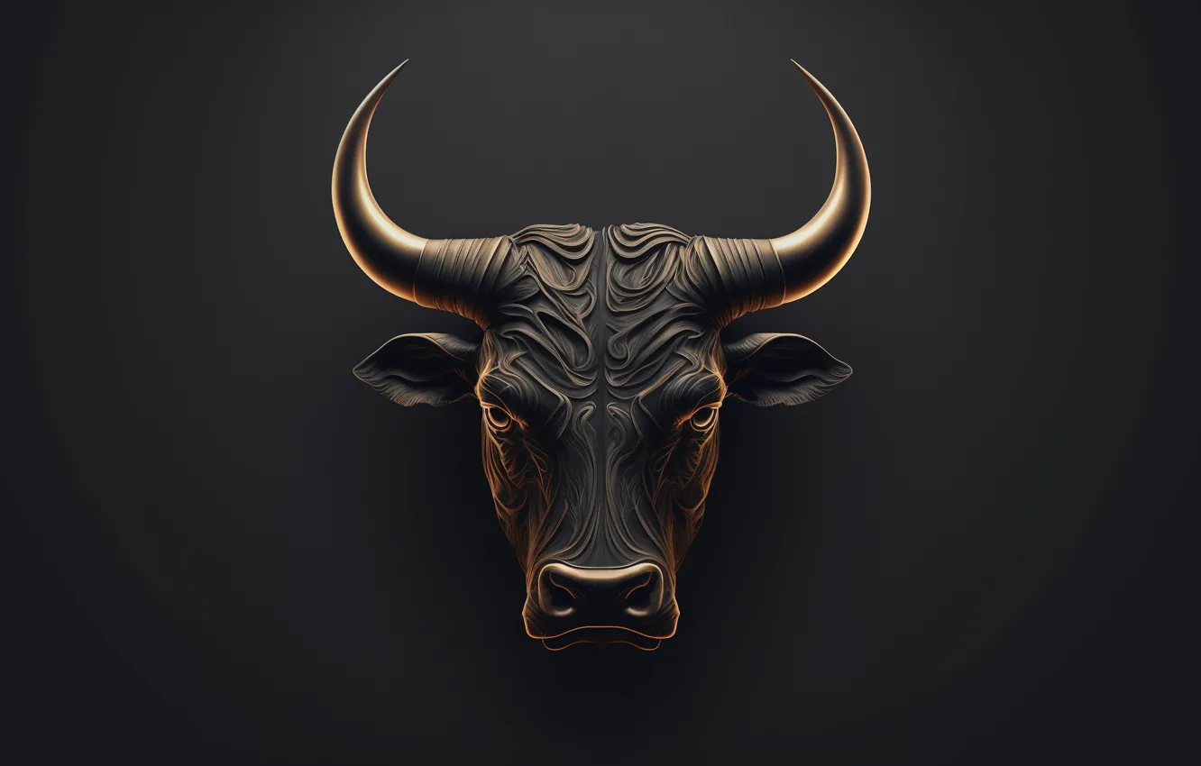 Фото обои темный фон, голова, рога, бык, ИИ арт