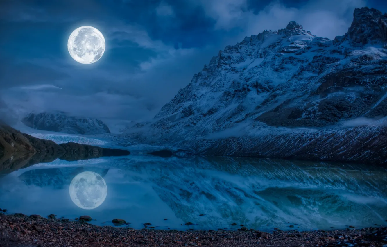 Фото обои небо, вода, облака, снег, горы, ночь, озеро, отражение
