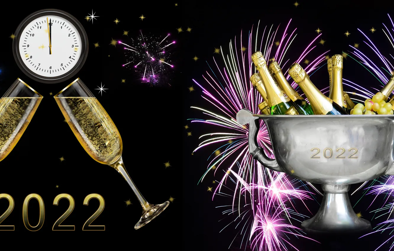 Фото обои Часы, Салют, Бутылки, Новый год, Чёрный фон, Фейерверк, Бакалы, Шампанское
