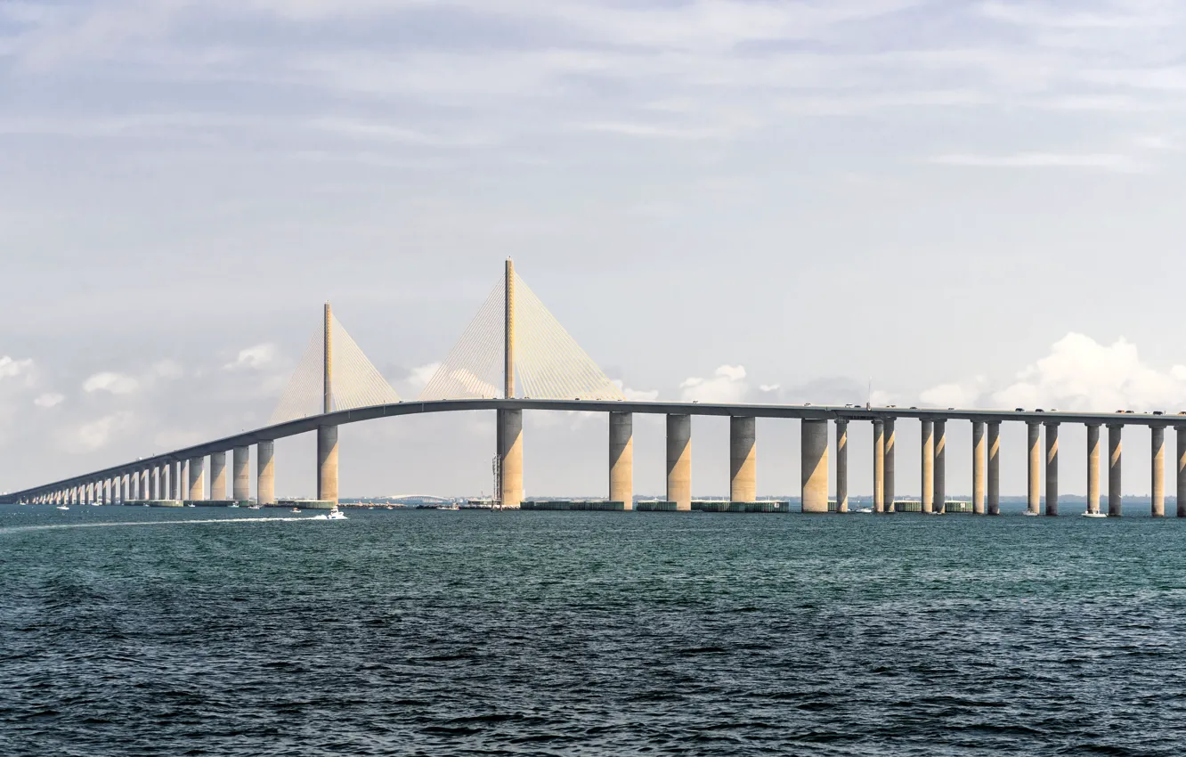 Фото обои вода, мост, голубой, лодка, облако, Флорида, залив, USA