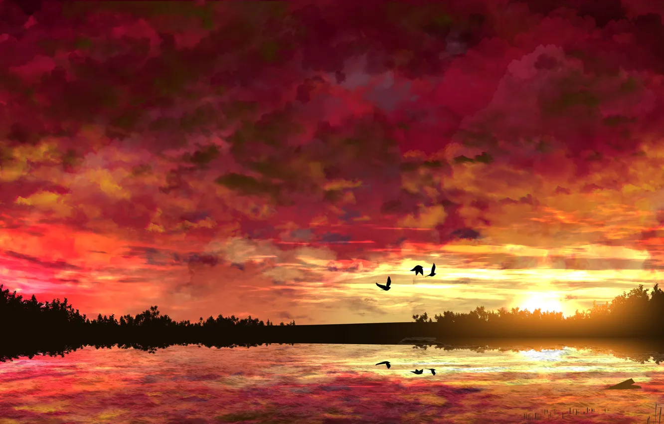 Фото обои вода, солнце, деревья, закат, птицы