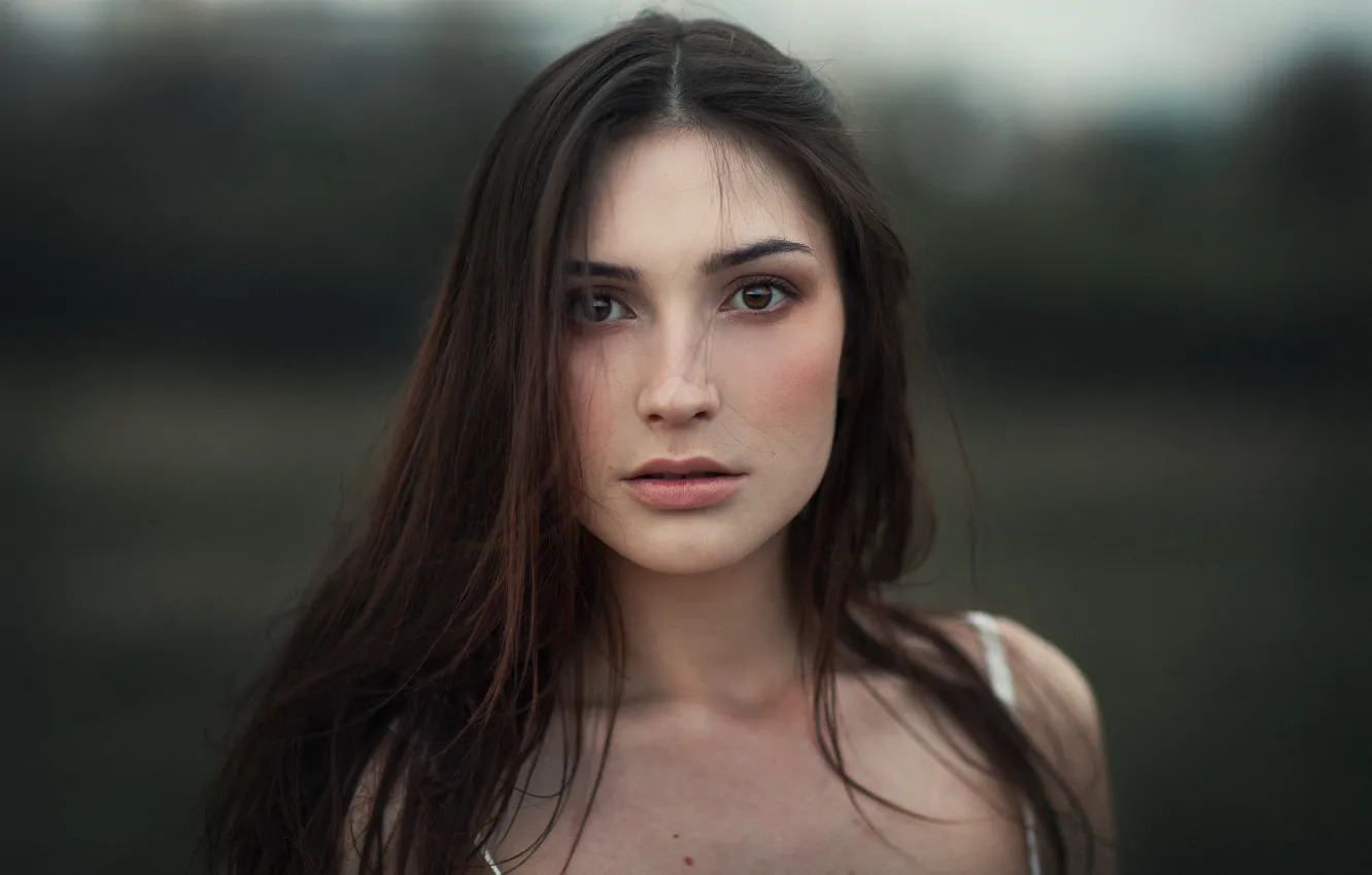 Фото обои взгляд, длинные волосы, long hair, brown eyes, размытый фон, карие глаза, портрет девушки, blurred background