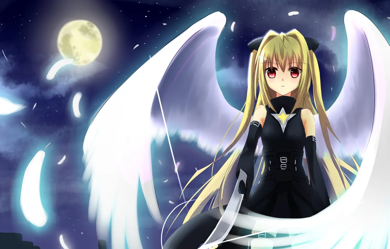 Фото обои девушка, ночь, луна, крылья, ангел, перья, арт, darkness