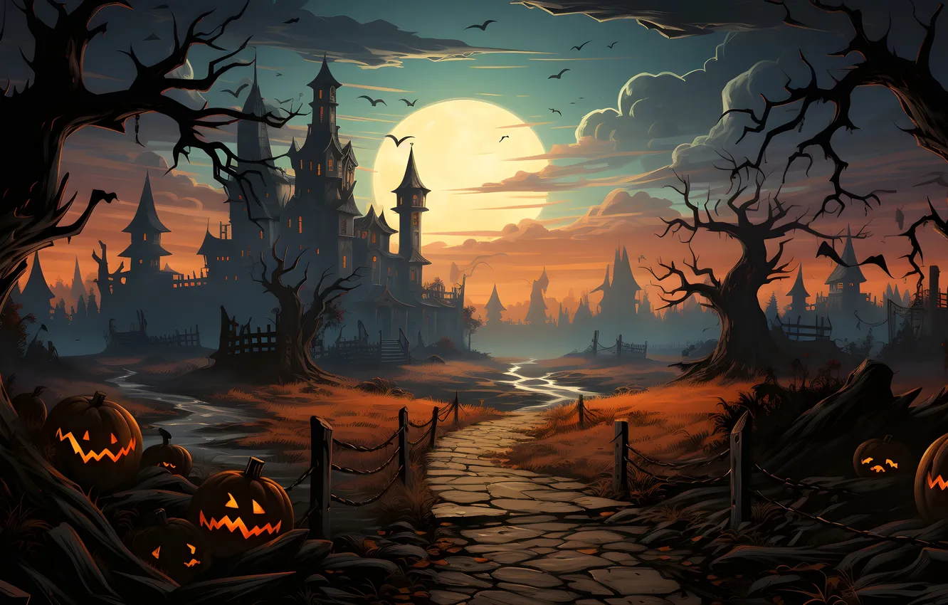 Фото обои Дома, Вечер, Дорога, Деревья, Луна, Тучи, Тыквы, Halloween
