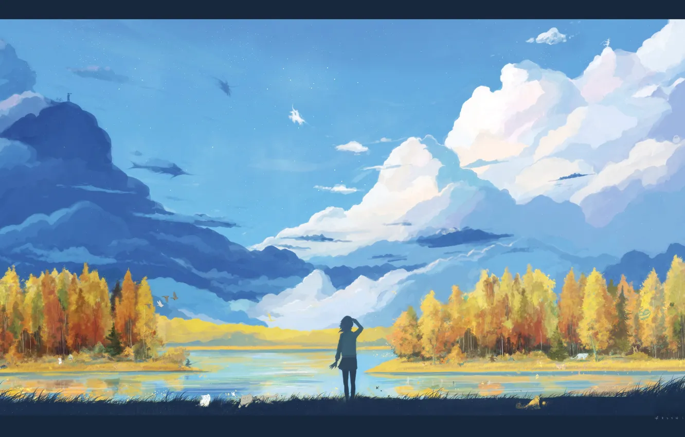 Фото обои осень, облака, горы, озеро