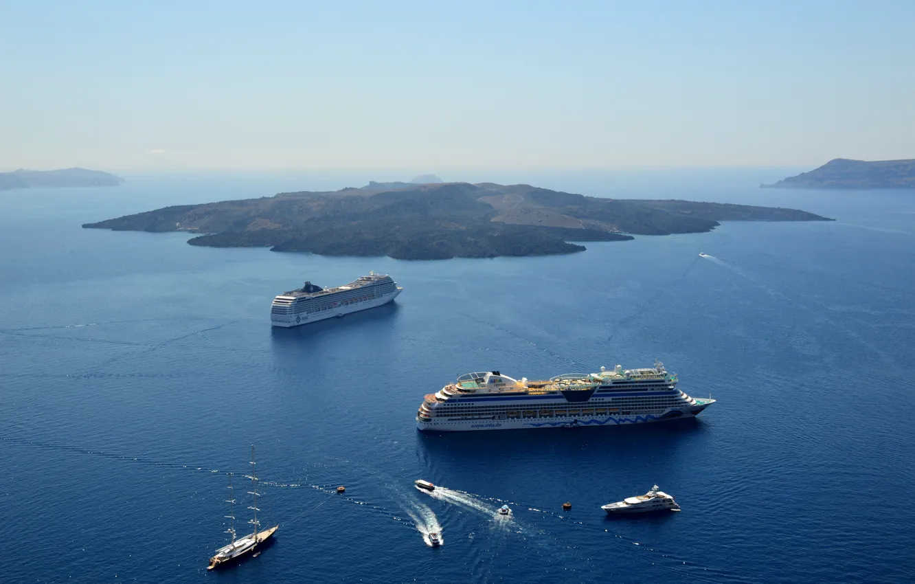 Фото обои море, корабли, Санторини, кальдера