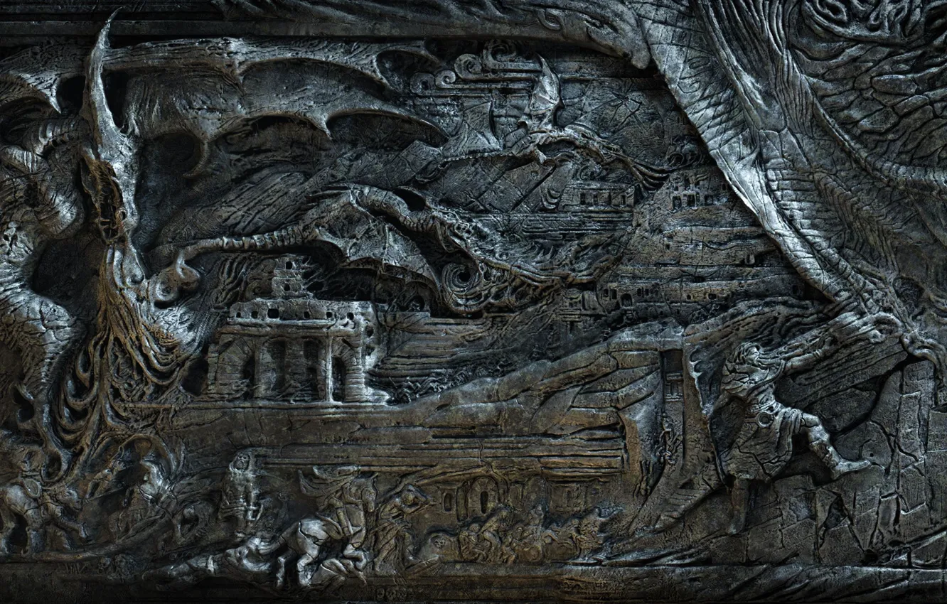 Фото обои дракон, фэнтези, маг, the elder scrolls, skyrim, скайрим, барельеф