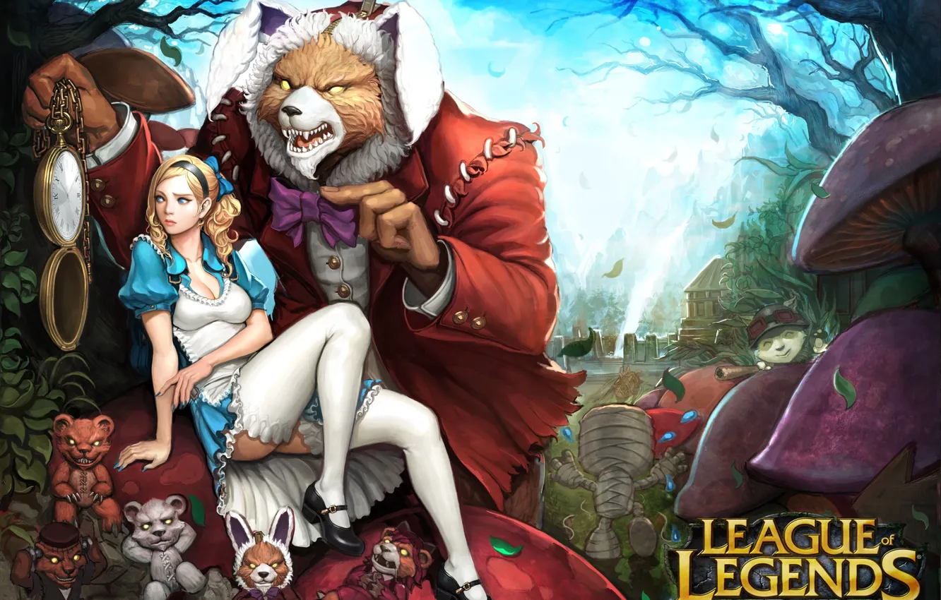 Фото обои девушка, часы, кролик, медведь, арт, алиса, league of legends, annie