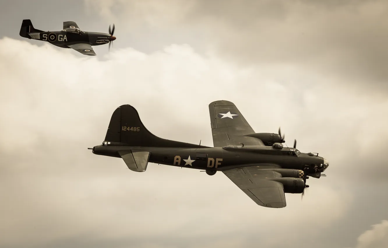 Фото обои полёт, бомбардировщик, B-17, P-51 Mustang
