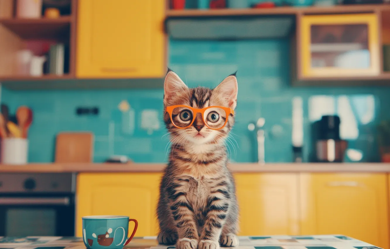 Фото обои кошка, взгляд, поза, котенок, стол, серый, очки, кухня
