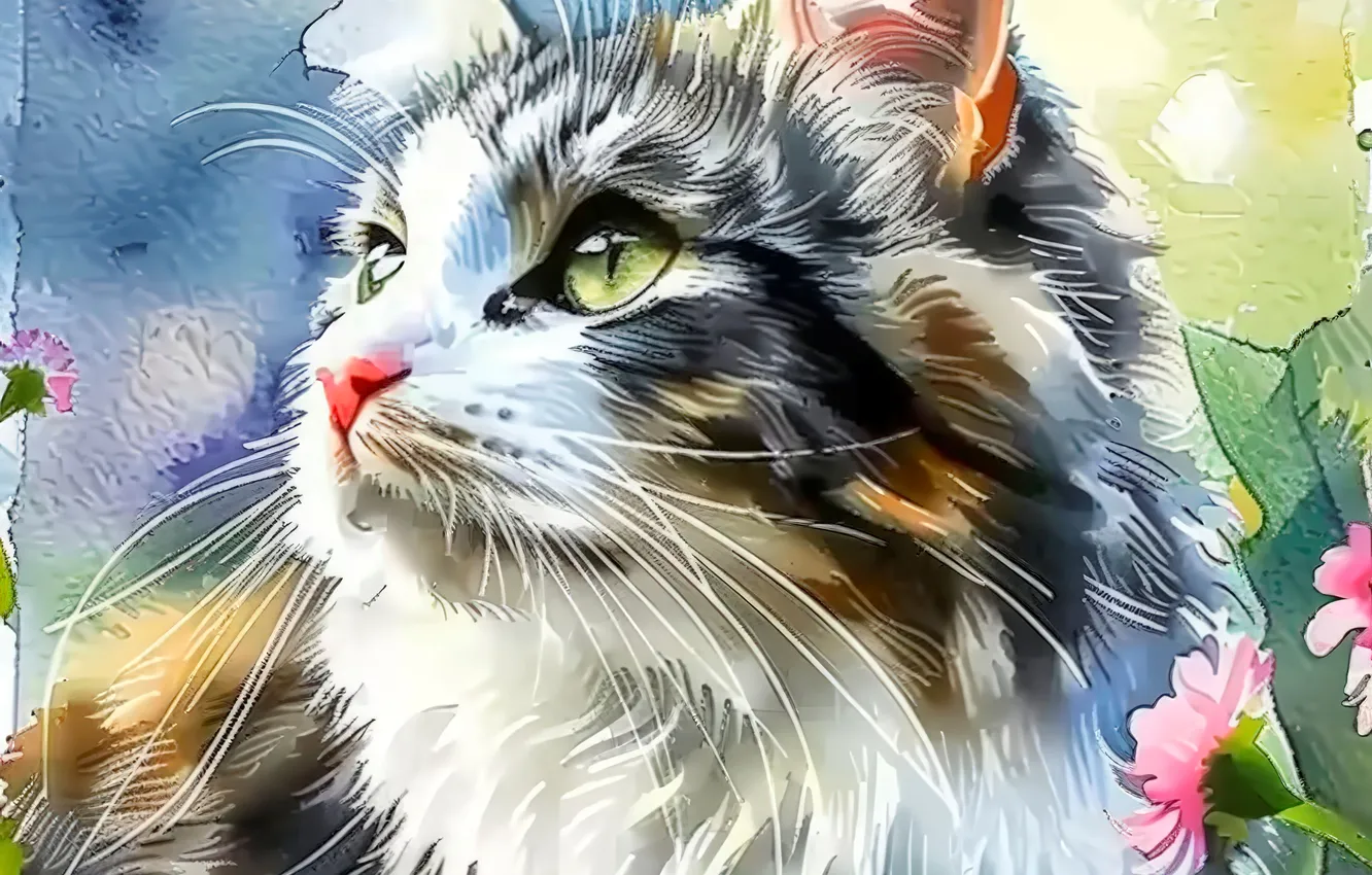 Фото обои Цветы, Взгляд, Кошка, Усы, Кот, Морда, Арт, Цифровое искусство