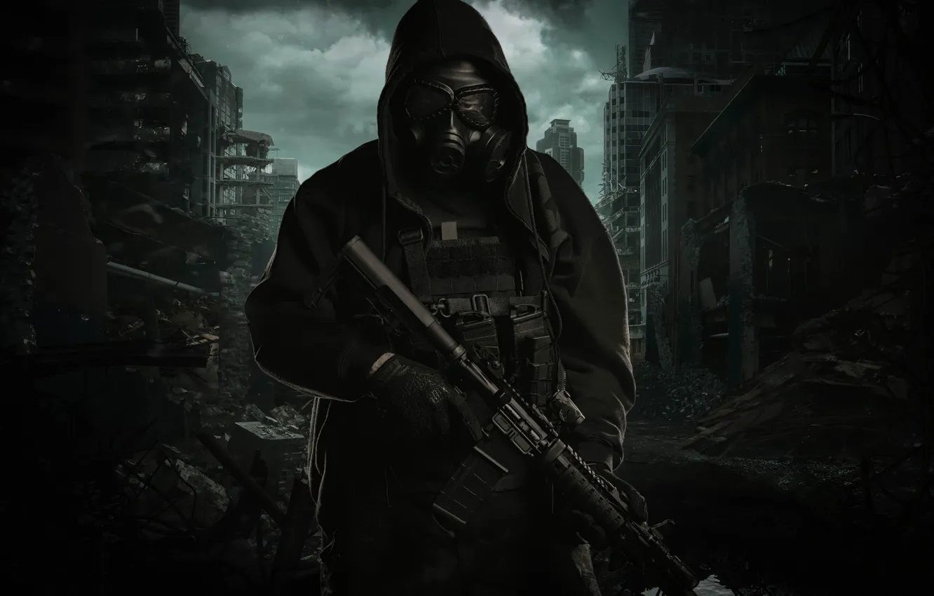 Фото обои город, оружие, куртка, капюшон, разрушение, противогаз, мужчина, штурмовая винтовка