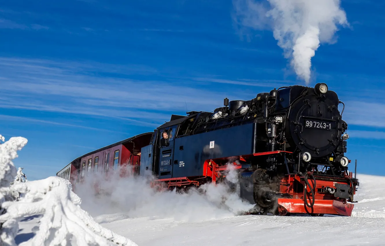 Фото обои зима, снег, поезд, паровоз, Германия