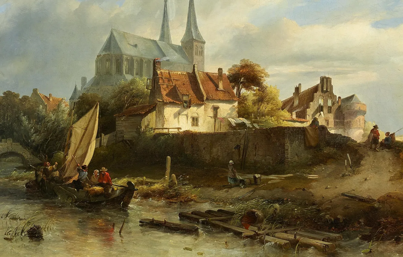 Фото обои голландский художник, oil on canvas, St Nicholas Church in Deventer in stormy weather, Salomon Leonardus …