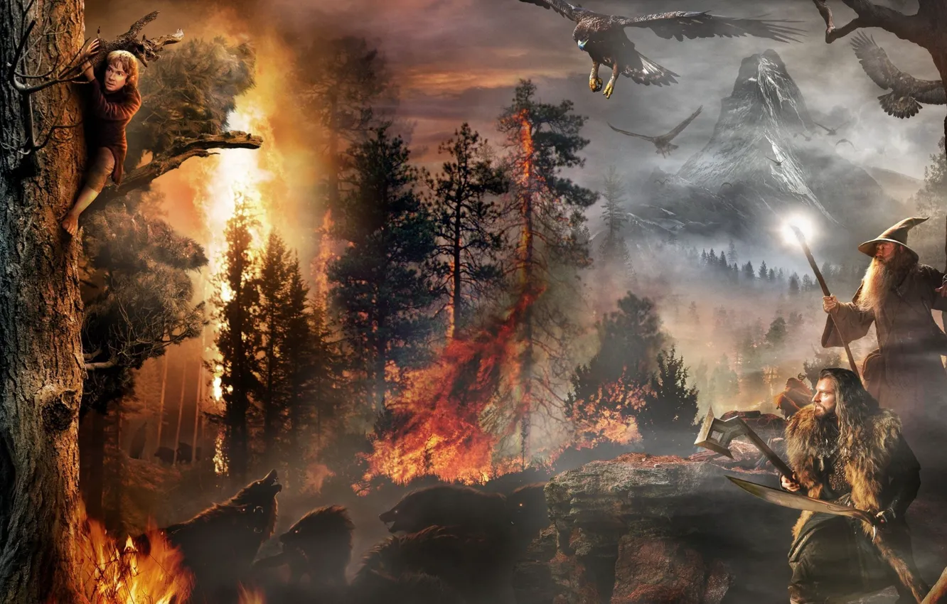 Фото обои деревья, пожар, волки, орлы, Хоббит, The Hobbit, Нежданное путешествие, An Unexpected Journey