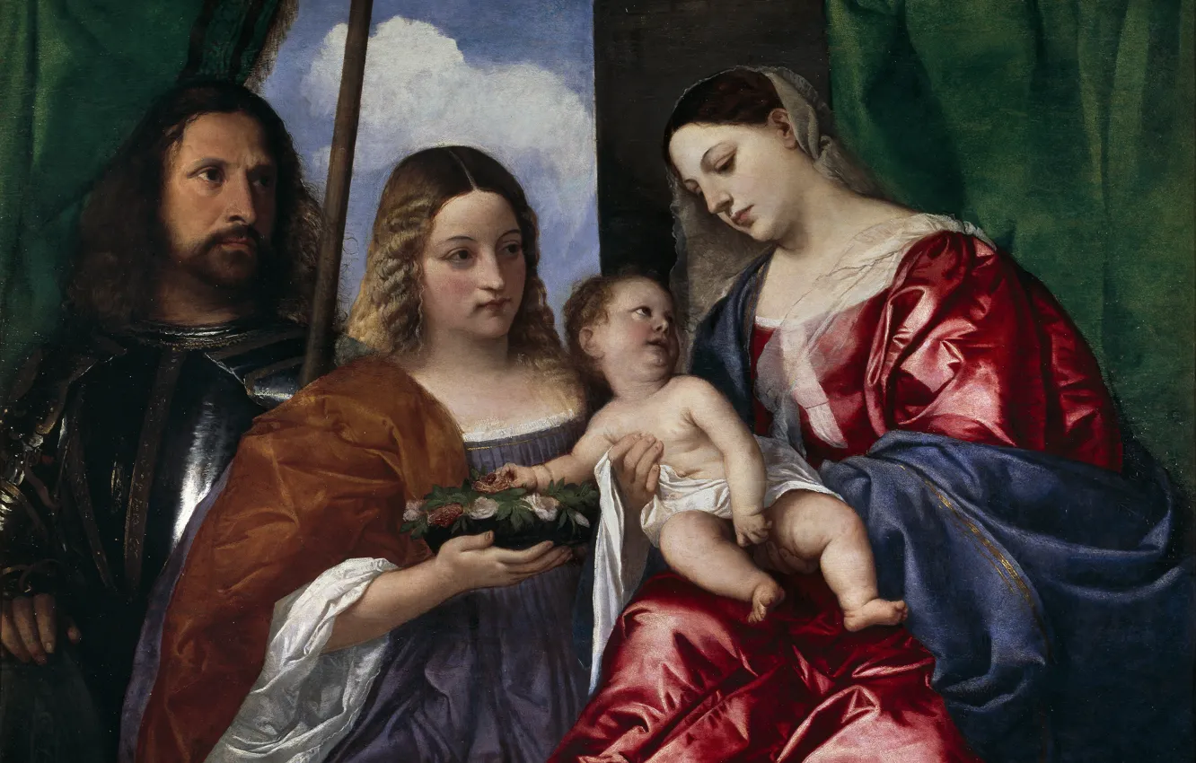 Фото обои Titian Vecellio, св.Доротеей и св.Георгием, Мадонна с младенцем, между 1516 и 1520