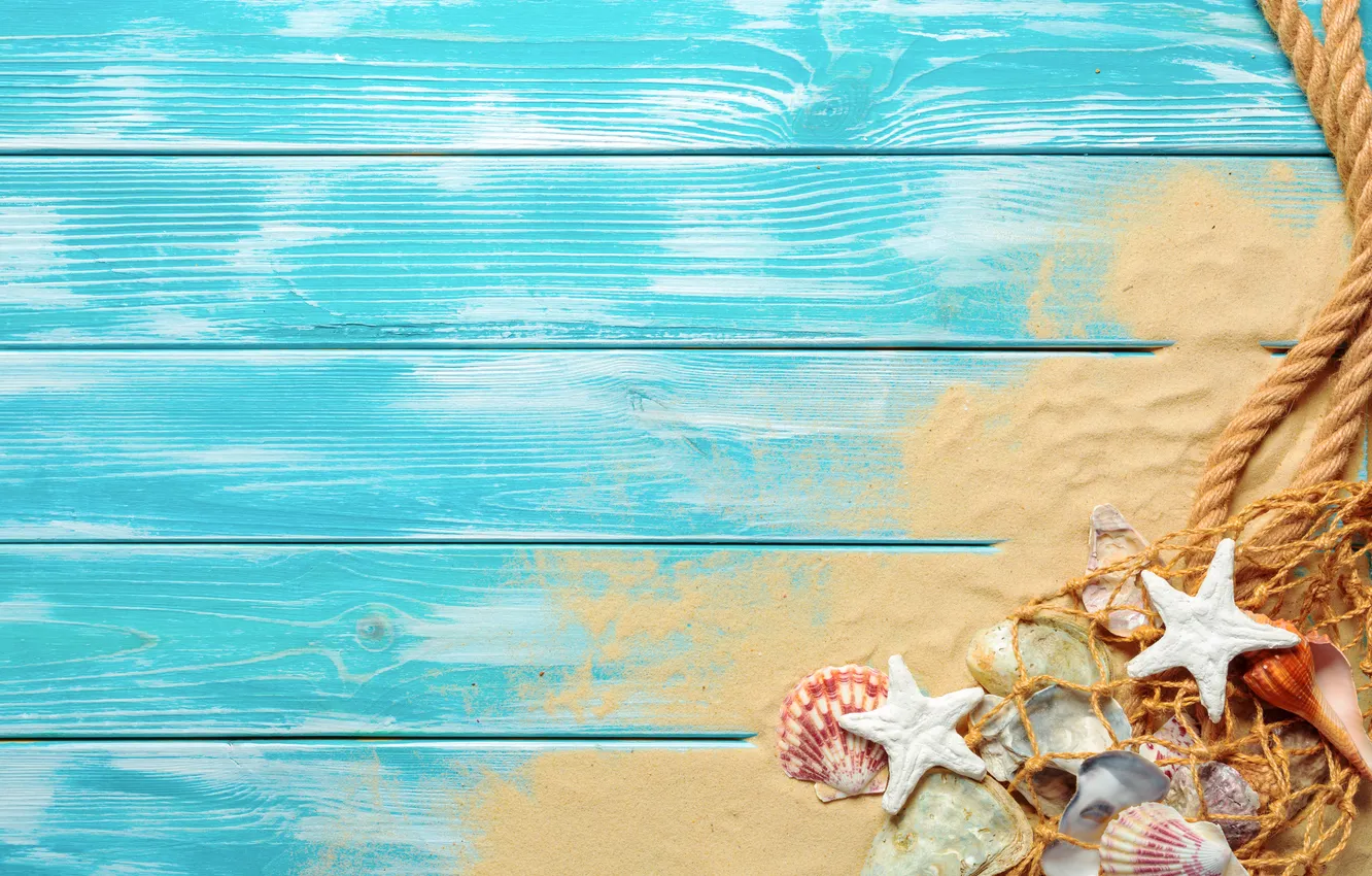 Фото обои песок, пляж, лето, звезды, ракушки, summer, beach, wood