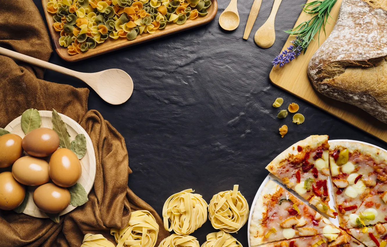 Фото обои еда, яйца, хлеб, пицца, макароны
