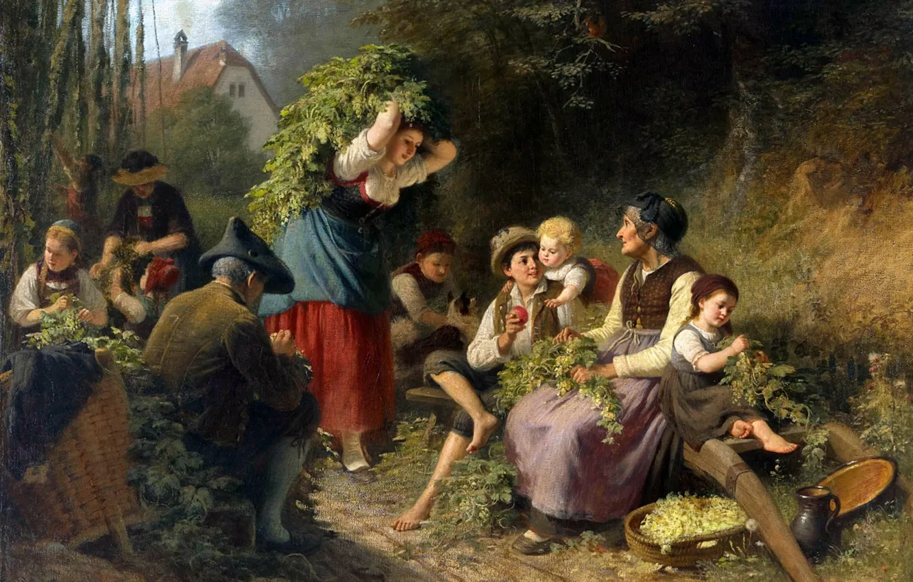 Фото обои человек, картина, хмель, Немецкий художник, Рудольф Эпп, Rudolf Epp, Сбор хмеля