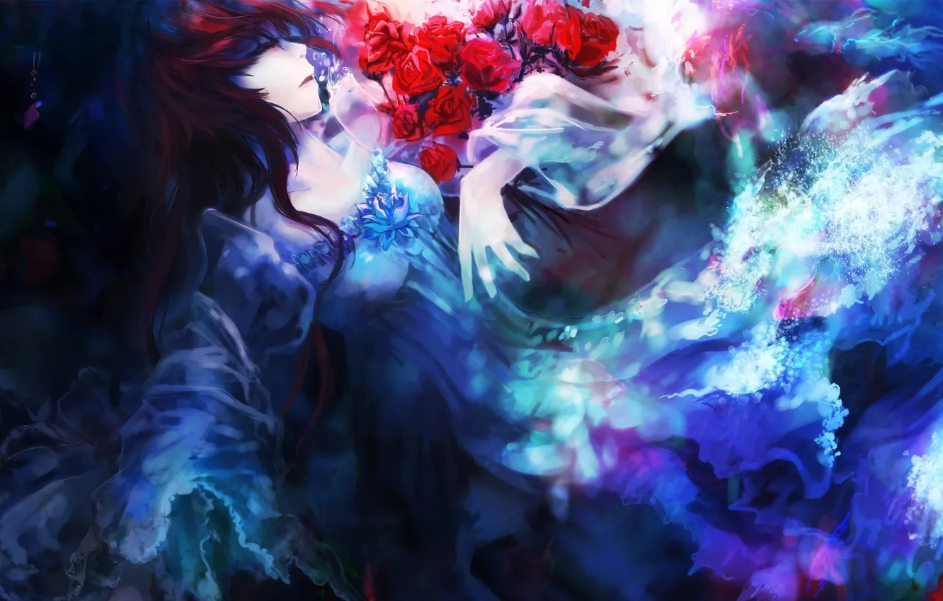 Фото обои девушка, цветы, абстракция, розы, платье, арт, shigemitsubaki