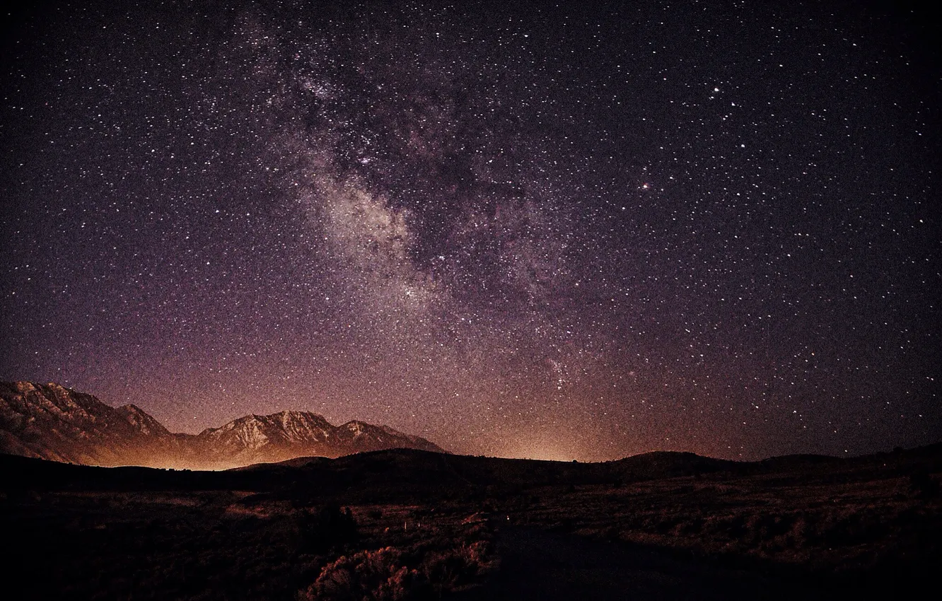 Фото обои Stars, Space, Landscape, Galaxy, Mountains, Silhouette, Way, Nightscape