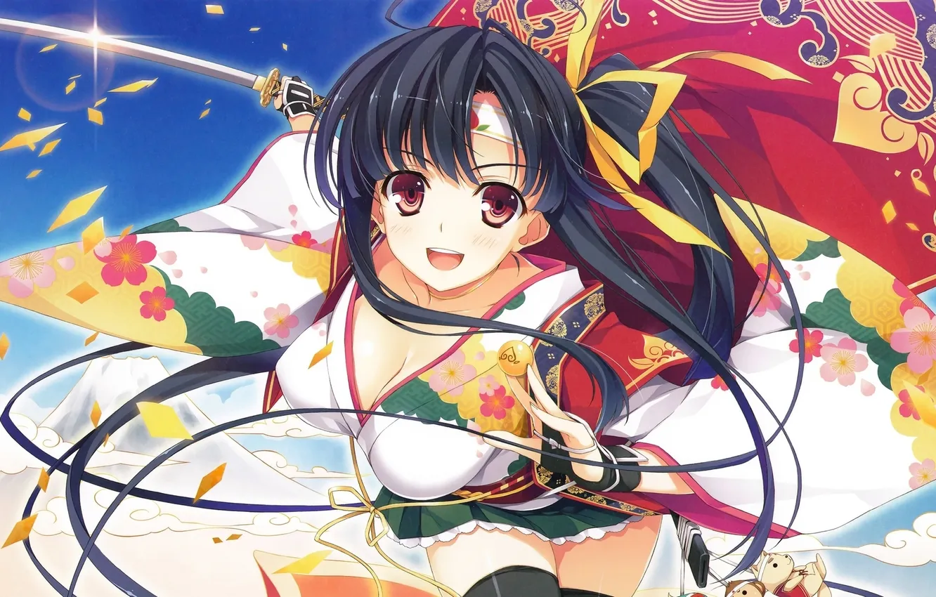 Фото обои грудь, девушка, меч, кимоно, yuuki hagure