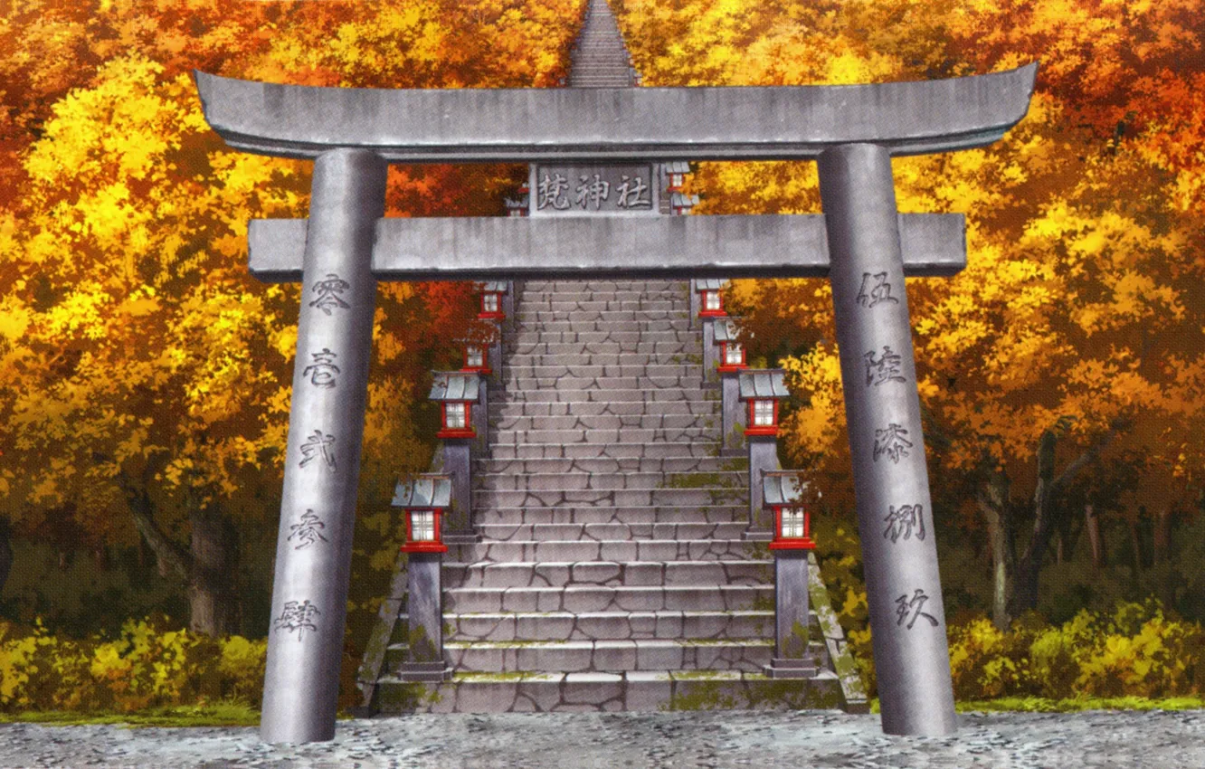 Фото обои япония, фонари, лестница, иероглифы, visual novel, осенние деревья, ворота тории, Suuran Digit
