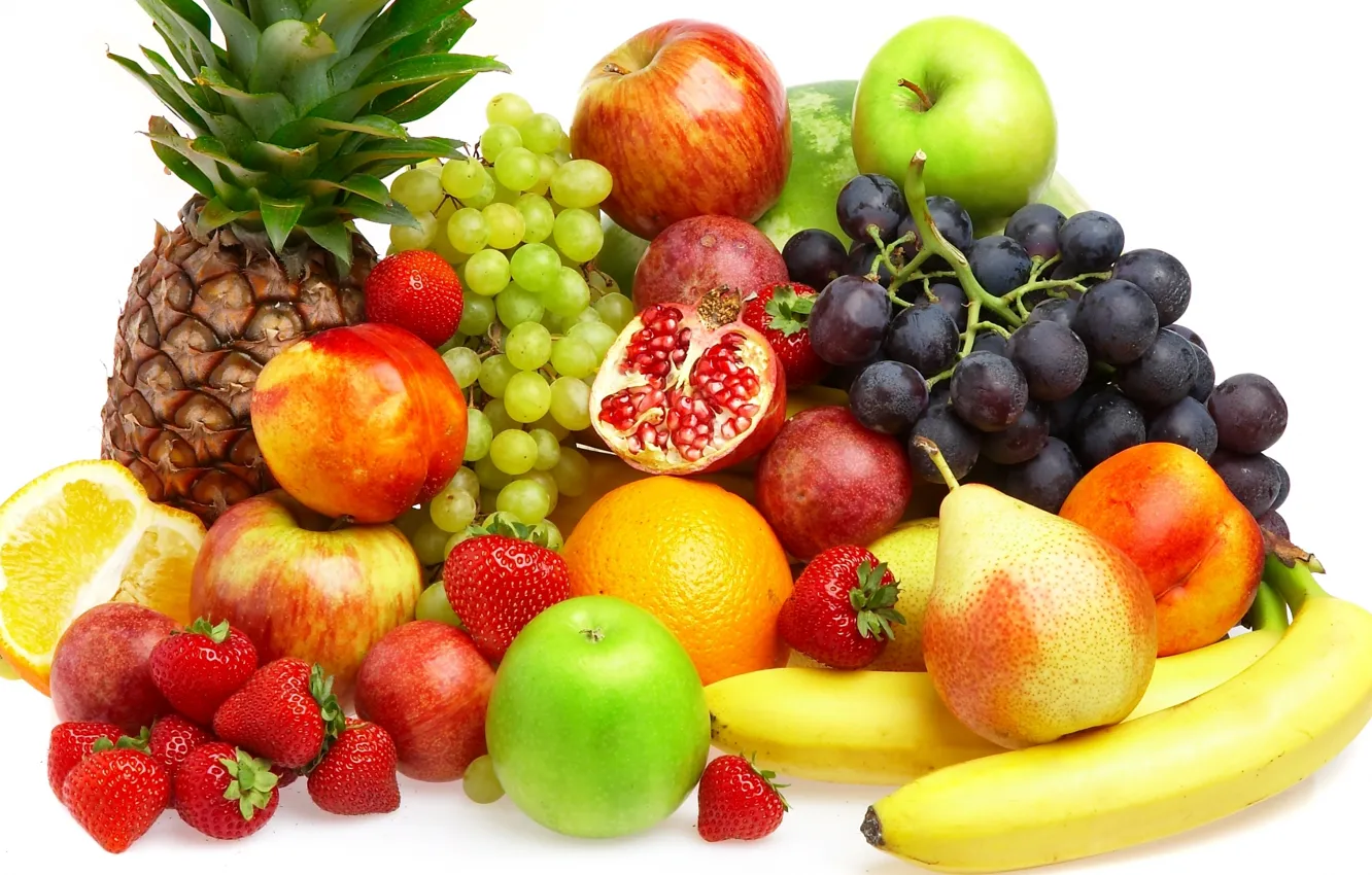 Фото обои ягоды, яблоки, апельсин, клубника, виноград, бананы, фрукты, ананас